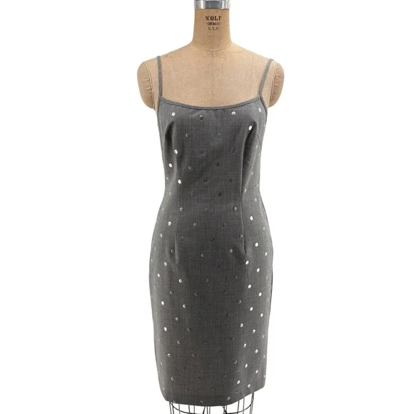 Moschino Jeans Gray Wool Blend Silver Polka Dot Midi Sheath Dress 10/44 Stylish - Picture 2 of 13